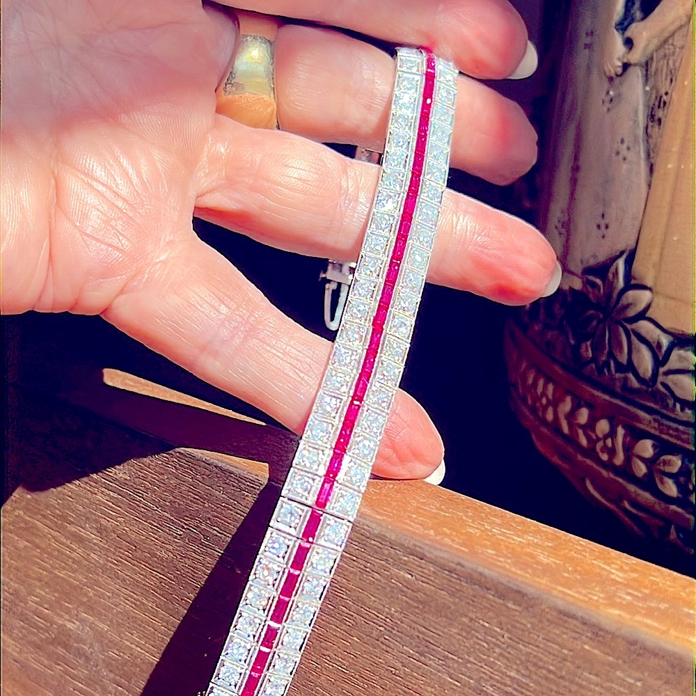 Platinum 5 carat diamond and Ruby bracelet - Picture 6 of 12